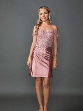 New Rose Gold Off Shoulder Cocktail Gown w/ Corset Bodice & Lace Up Back DQ 3429